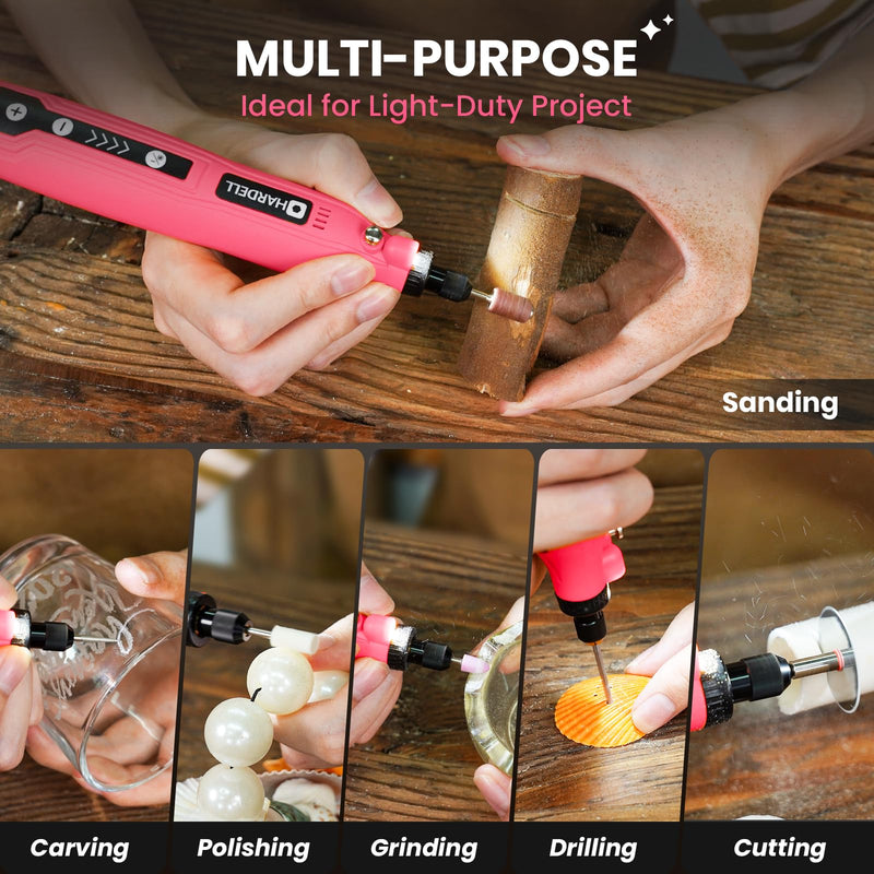 HARDELL Mini Cordless Rotary Tool, 5-Speed 3.7V Rechargeable Rotary Tool Kit with 129Accessories, USB Charging Multi-Purpose DIY Tool for Sanding, Polishing, Drilling, Engraving, Woodworking(Pink 129) Pink-129 accessories