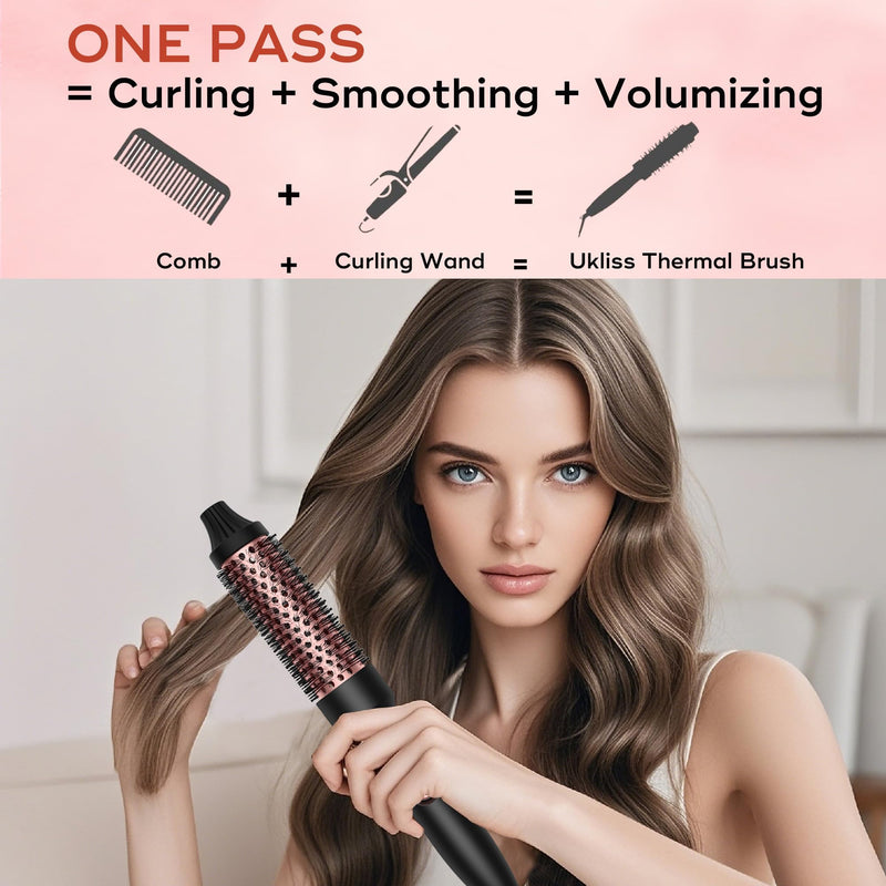 UKLISS Thermal Brush 32mm Heated Round Brush 3 in 1 Heated Curling Brush | to Increase Hair Volume, Make Hair Smoother & Shinier & Loose Curls, Beginner-Friendly, Double Voltage (Black Rose) Elegant Black