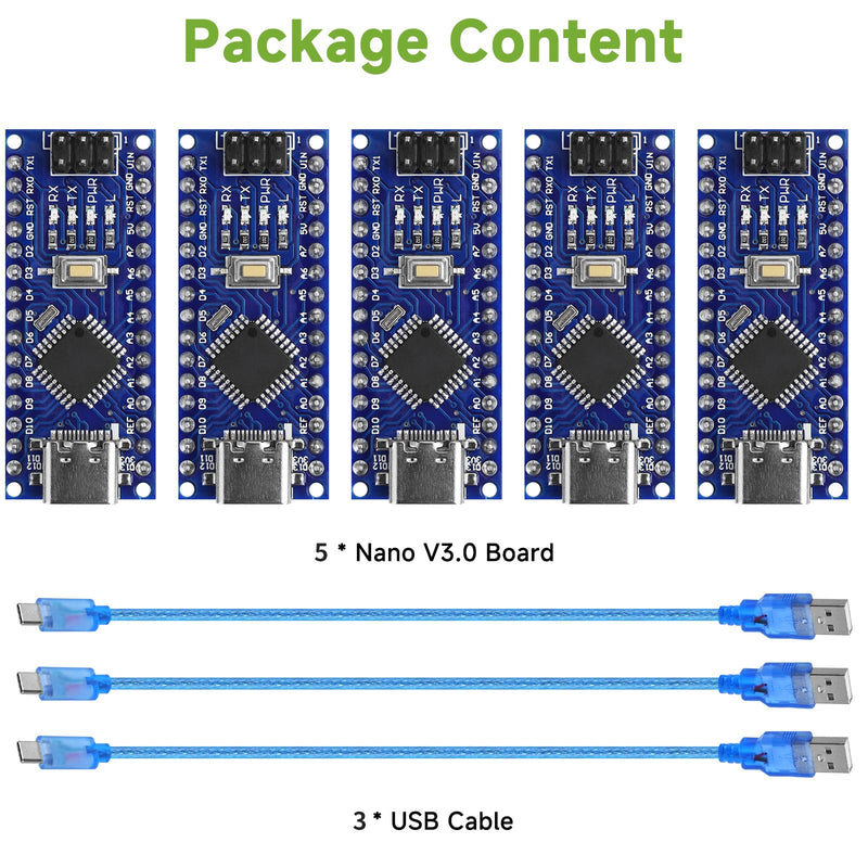 5pcs Nano V3.0 Board with Cable ATmega328P MCU CH340G Chip 5V 16M Microcontroller Compatible with Arduino Nano (Soldered, Type-C Port) 5pcs Type-C