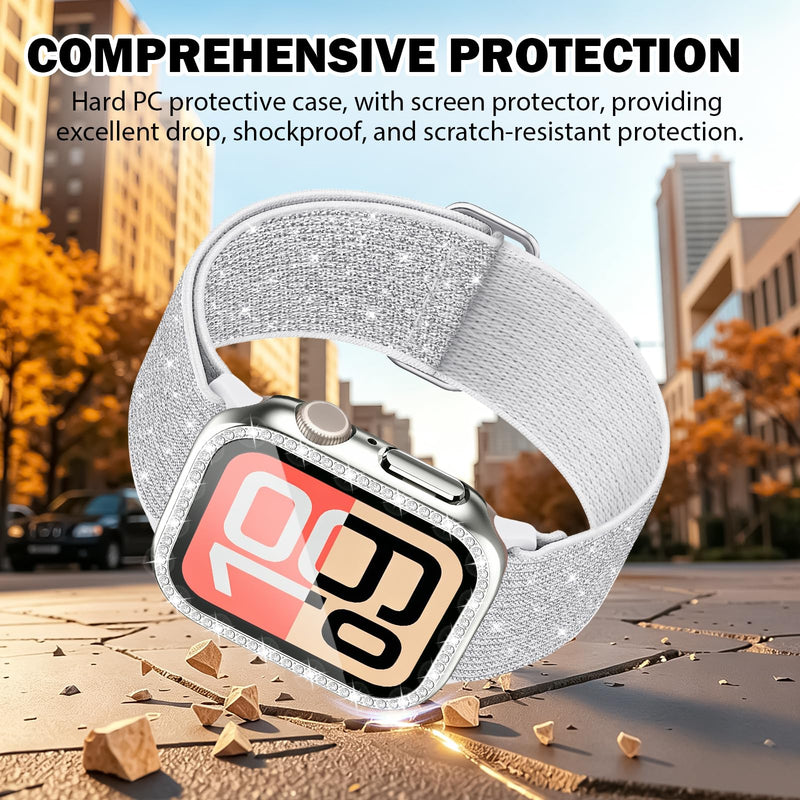 Bling Rhinestone Screen Protector Case Band for Apple Watch S11/10/SE/Ultra | riwoauoo 3-in-1 Glitter Diamond Hard PC Cover Built-inTempered Glass Film Nylon Sport Strap Women for iWatch 40/44/42/46/49mm Silver 40mm for SE 3/SE 2/SE/6/5/4