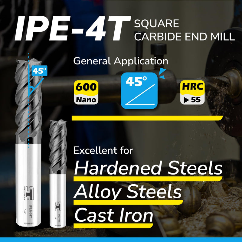 SPEED TIGER Micrograin Carbide Square 45° Helix End Mill - 4 Flute - IPE1/4 4T (5 Pieces, 1/4") - for Milling Alloy Steels, Hardened Steel, Metal & More – Mill Bits Sets for DIYers & Professionals 5 1/4 in