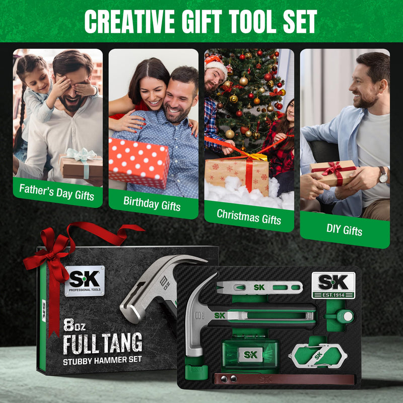 SK Gifts for Men, 8-Piece Hammer Tool Set, 8oz Stubby Claw Hammer, Full Tang Hollow Metal Frame, with EVA Foam Tool Organizer, Birthday Gift for Dad, Husband, Grandpa, Ladies and Beginners