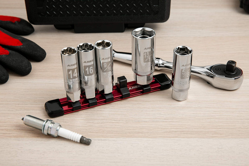 ARES 11016-5-Piece Magnetic Spark Plug Socket Set - Includes 14mm and 16mm Thin Wall Sockets and 9/16-inch, 5/8-inch, and 13/16-inch Sockets - Convenient Reusable Storage Rail Included 5-Piece Magnetic