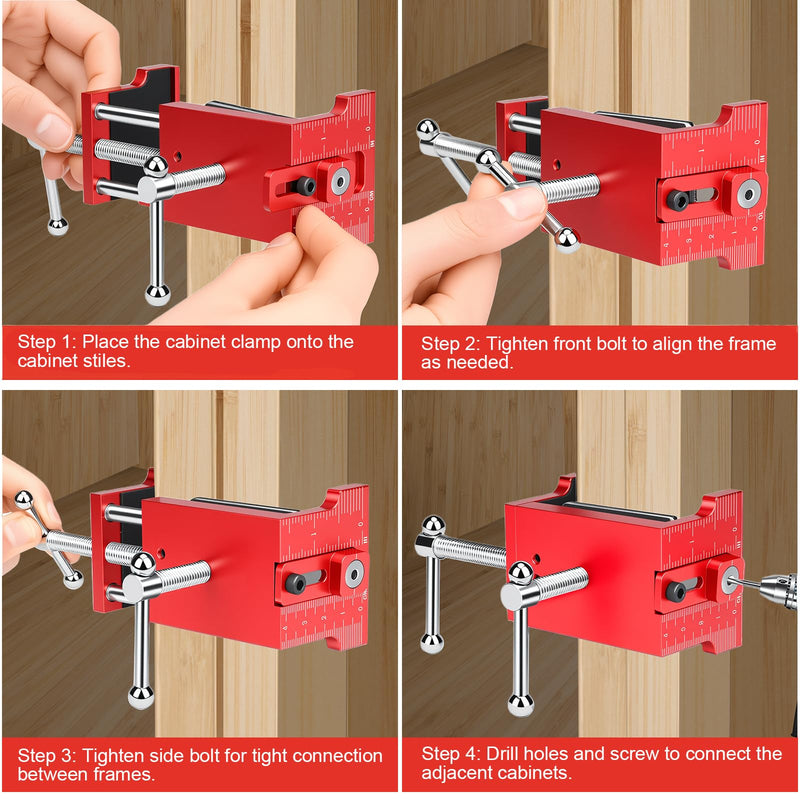 2Pack Cabinet Clamps for Installing Cabinets, Face Frame Clamps & Claw for Cabinet, Essential Cabinet Tools with 3 Sizes Hole Drilling Guide for Precise Alignment & Installation