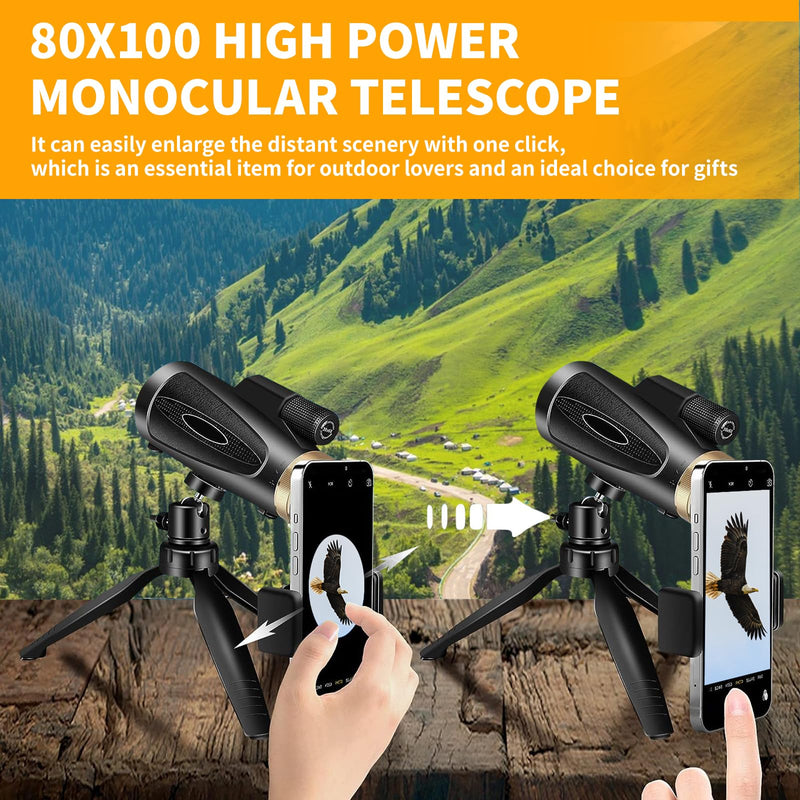Monocular Telescope 80x100 HD Monoculars for Adults with Tripod & Phone Adapter, Monoculars for Stargazing Camping HikingTravel-Black black