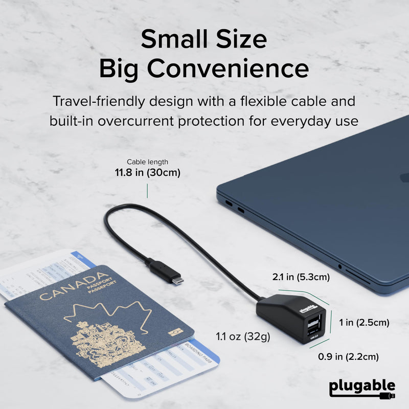 Plugable USB-C to Dual USB-A 2.0 Splitter, 2-Port Hub for USB-C Laptops: Keyboard, Mouse, Flash Drive, 480Mbps Data-Only, Plug-and-Play, 30cm Cable for Mac, Windows, ChromeOS, Linux (USBC-2PORT)