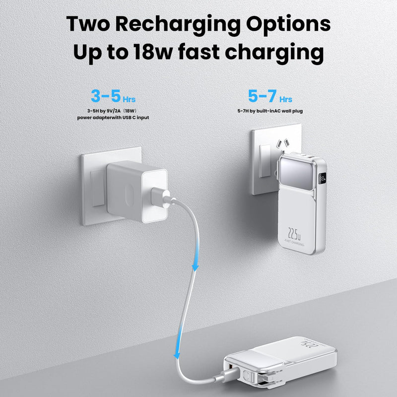 12000mAh Portable Charger Built in Cables and Wall Plug,22.5W USB-C Fast Charging Power Bank, External Battery Pack with LED Display,Travel Essential Battery Pack for iPhone,Samsung More Devices white