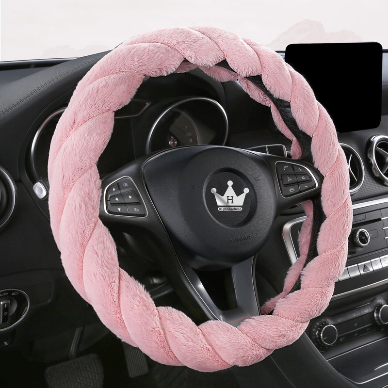 Luxury Fluffy Winter Car Steering Wheel Cover for Women Soft Warm Plush Cute Auto Accessories for Vehicle, Sedan, Universal, Fuzzy, Anti Slip, Pink, Standard Size, 14.75-15.15" Standard Size[14.75-15.15"](37.5-38.5cm)