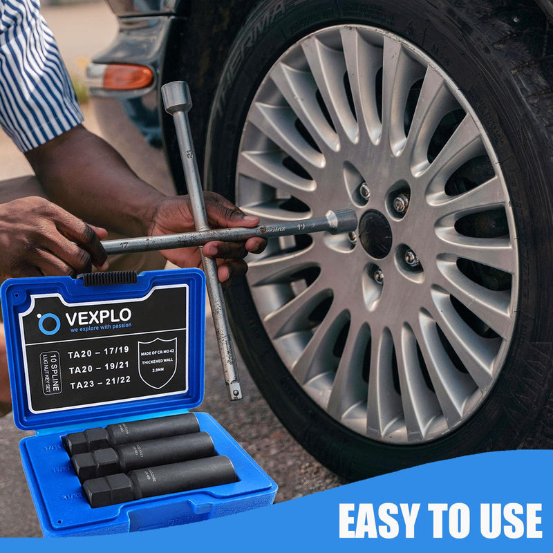VEXPLO 10 Spline Lug Nut Key Set, Thicker Wall Sturdy 10 Spline Lug Nut Socket Tool for Effortless Removal of Aftermarket 10 Point Locking Lug Nuts (3 Piece Set) 3 Piece Pack
