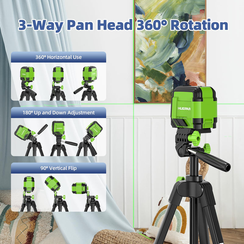Huepar 60-Inch Lightweight Tripod Portable Adjustable Tripod for Laser Level with 3-Way Swivel Pan Head, 2 Bubble Levels, 1/4" and 5/8" Thread Mount for Varieties Tools, Only for Indoor Basic Work