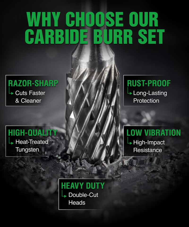 10Pcs Carbide Burr Set 1/4 Shank w/Clear Box Head Dia 8mm Die Grinder Bits Rotary Tools Attachment Kit Rasp File Accessories Metal Wood Stone Steel Grinding Deburring Cutting Porting Carving 10 pcs