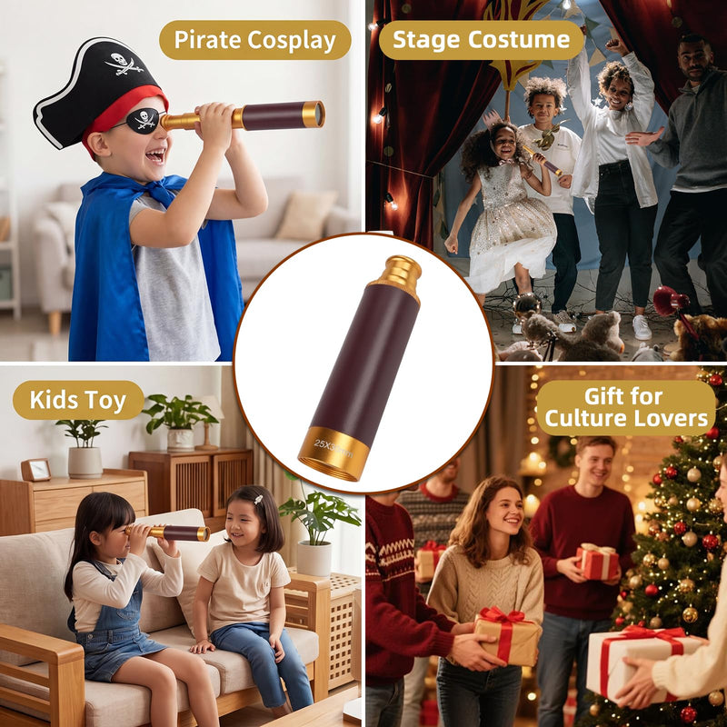 25X30 Pirate Telescope Spyglass with Hat&Eye Mask for Kid Monocular Costume | Retro Collapsible Zoomable Brass Captain Spyglass, FMC Lens Costume Accessories for Bird Watching Camping Boating Gift