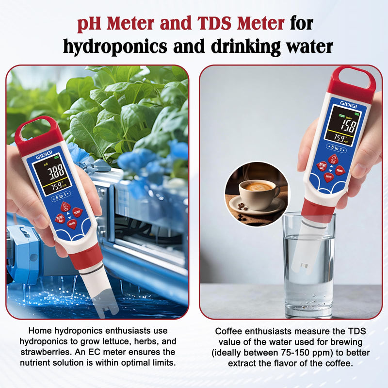 5 in 1 Digital pH Meter with TDS/EC/Salinity/Temp, Pool Salt Tester pH Pen for Water, Digital Salinity Meter for Saltwater Pool, Aquarium, Home Tank, Hydroponic pH Tester with pH Reset Function