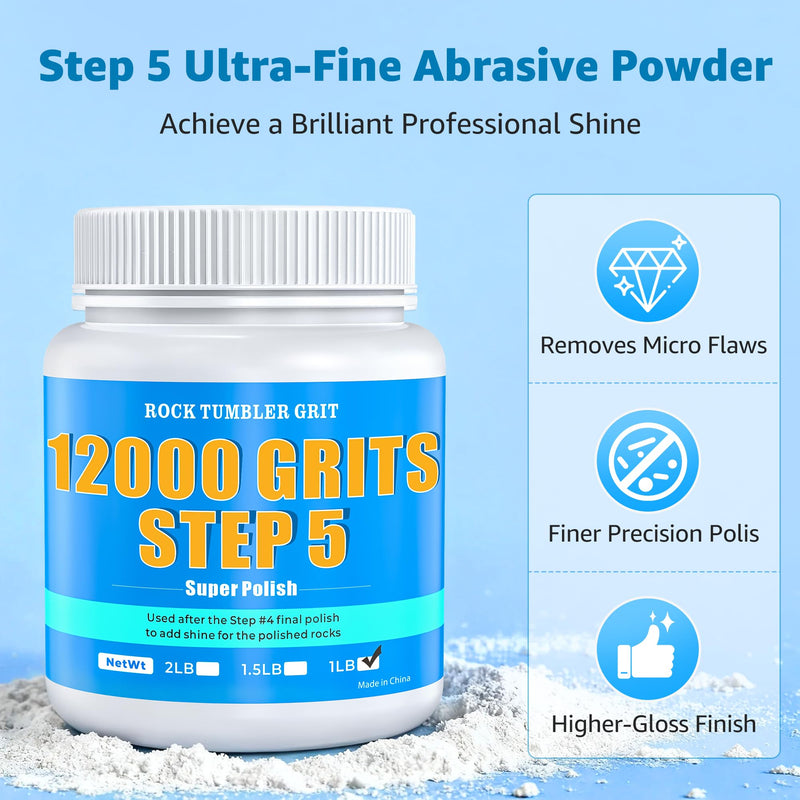 12000 Grit Aluminum Oxide Rock Tumbler Polish – Final Stage (Step 5), Ultra-Fine High Gloss Polishing Powder for Rocks, Gems, Glass & Jewelry Making, Polish Refill, 1 lb Final Polish : 12000 Grits