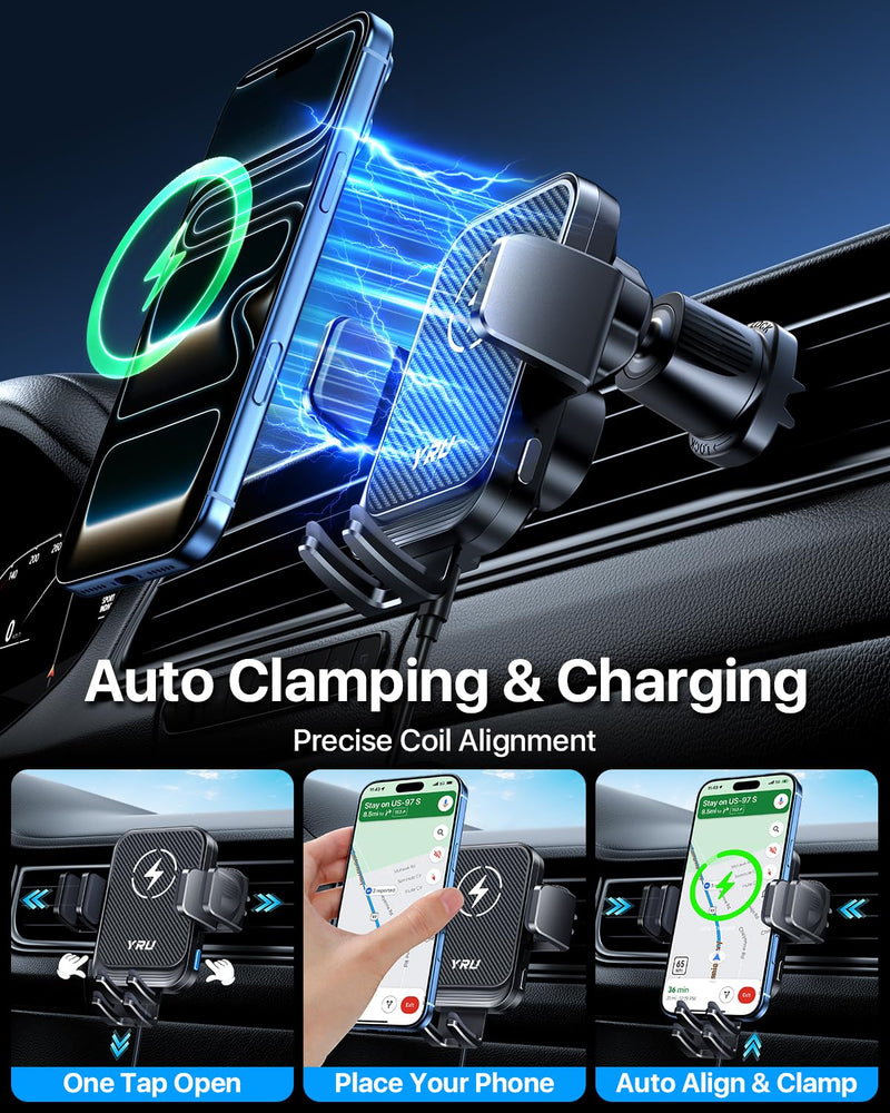 YRU 【Auto-Clamping & 90+LBS Strong Suction 15W Wireless Car Charger Mount | 【Military-Grade & Safety Certs】 Fast Charging Car Phone Holder, Windshield Dashboard Vent Cradle for iPhone 17 16 Pro, Black Dark Black