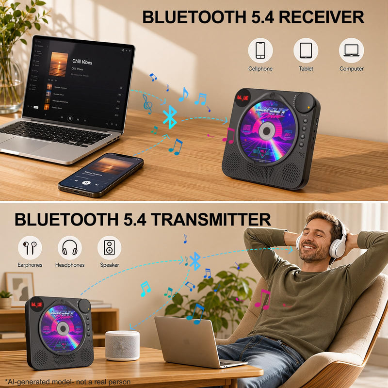 Portable CD Player with Bluetooth 5.4 for Daily Home Use & Gift,Exercise | Desktop CD Players with HiFi Speakers, LED Display, Remote Control, Charging Cable, Timer, FM Radio, USB, AUX, Headphone Jack Black