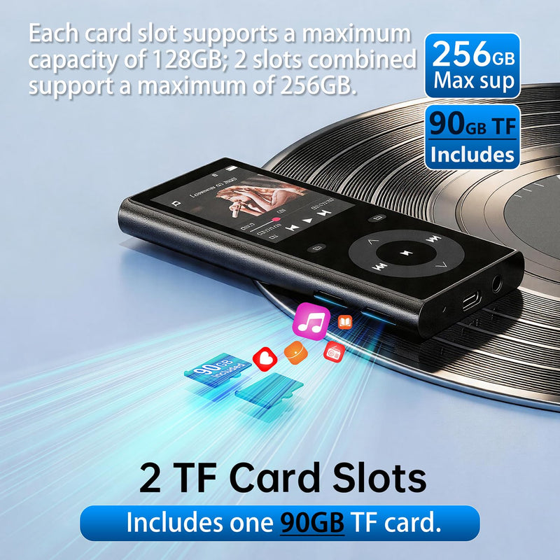 90GB MP3 Player with Bluetooth 5.3, Music Player with 2 TF Card Slots | 2.4" Color Screen, Touch Buttons, MP3 Player for Kids Built-in Speaker, HiFi Sound, Supports up to 256GB, Earphones Included 90 GB