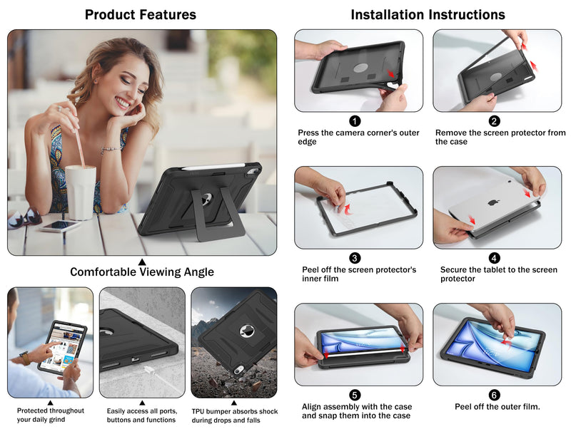 Soke Case for iPad Air 11-inch & iPad Air 5th/4th Generation 10.9-inch | Heavy Duty Protective Cover, Screen Protector, Multi Angle Kickstand, Hard PC Back & Shockproof TPU Bumper, Black