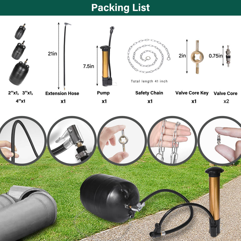 Upgraded 3PK Inflatable Pipe Plug Balloon Kit(2",3",4") with Fast Air Pump & Extension Hose, Rubber Sewer Test Balls with Safety Chain & Valve Tool for Plumbing Pressure Testing/Drain Blocking 2 Inch,3 Inch,4 Inch