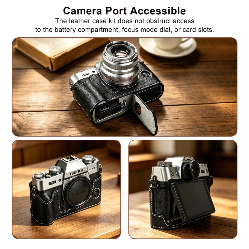 Carrying Case for FUJIFILM X-T30 III/X-T30 II/X-T30 Mirrorless Camera | Fujifilm X-T30 III/ X-T30 II Camera Half Leather Bag, Retro Style Camera Case (with Shoulder Strap, Screen Protector), Black