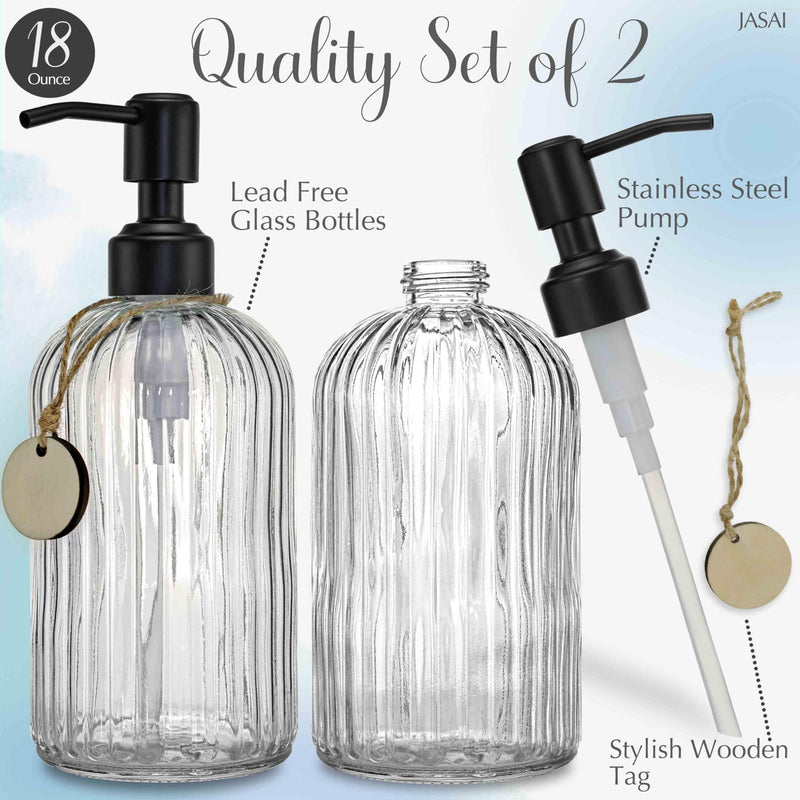 JASAI 2PACK 18Oz Simple Glass Soap Dispensers with Black Pump, Refillable Kitchen soap Dispenser with Vertical Stripe, Bathroom Soap Dispenser for Bathroom Hand soap, Dish Soap, Lotion. Clear-black Pump-2p 2 Pack