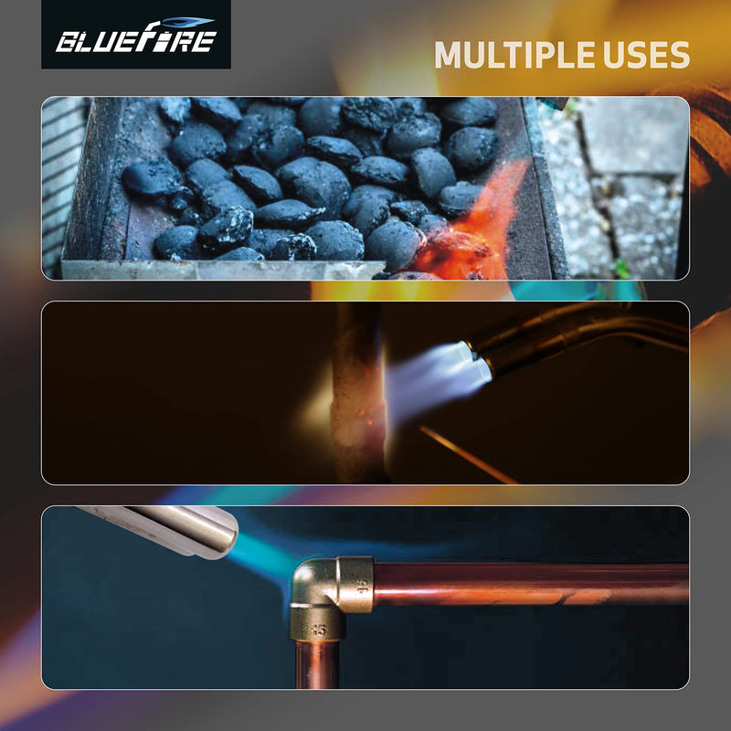 BLUEFIRE HZ-8150 Double Heads Swirl Flame Self-Ignition Hosed Turbo Torch 5' long Hose Trigger Start MAPP MAP Propane Welding Blowtorch Nozzle for brazing large diameter copper pipes, Torch Only Hosed Torch Only