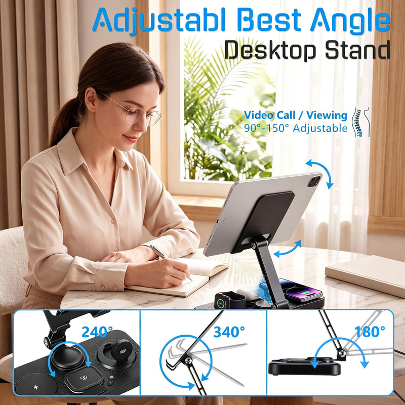 30W Charging Station for Apple Multiple Devices,Foldable Wireless Charger | 6 in 1 Magnetic Charger Station with Clock-7 RGB Light,Wired Charging Stand for iPhone17/iPad/Tablet/Apple Watch/AirPods