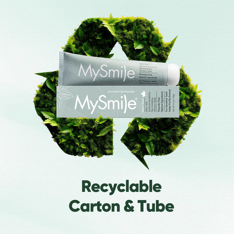 MySmile Fluoride Free Nano Hydroxyapatite Toothpaste for Sensitive Teeth, Strengthens Enamel, Remineralizes & Whitens Teeth, Freshens Breath for Adults, SLS Free, Misty Mint, 4.2 oz 4.2 Ounce (Pack of 3)