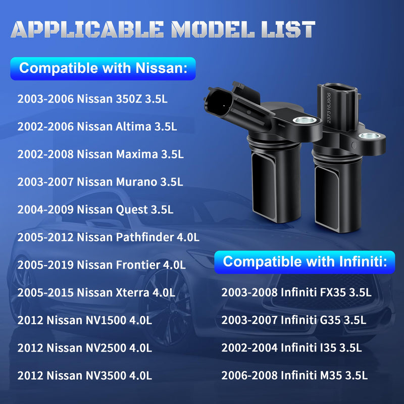 Camshaft Position Sensor Compatible with Infiniti G35 FX35 M35 I35 Nissan 350Z Altima Maxima Murano Quest Pathfinder Frontier Xterra 907-716 917-704 237316J90B Set of 2