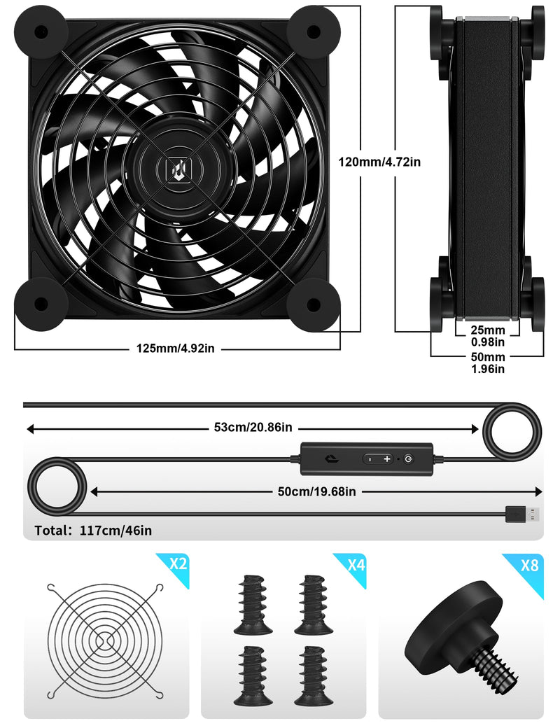 upHere 120mm USB Fan Silent Fan with 4 Adjustable Wind speeds for Computer Case/PC / PS4 / TV Box/AV Cabinet U3UK1 Black 120mm X 1
