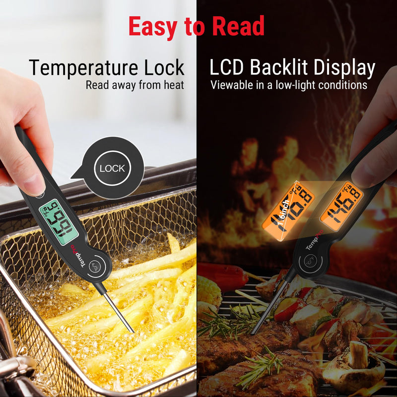 TempPro TP605 Instant Read Meat Thermometer for Cooking, Waterproof Digital Food Thermometer with Large Backlit LCD, Kitchen Thermometer for Grilling, Smoking & Candy Making (Previously ThermoPro) Black