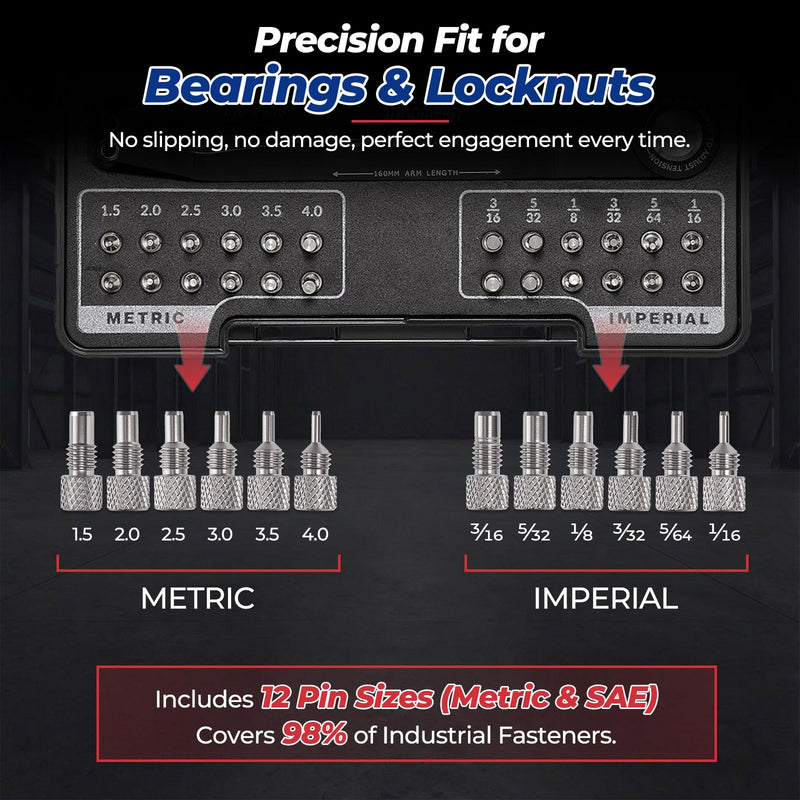 25 Piece Pin Spanner Wrench Set,42CRMO Heat-Treated,Nickel-Plated Finish,Adjustable Spanner Wrench for Bearings,Pulleys & Lock Nuts,Metric & Imperial Precision Pin Wrench,160mm Arms,180° Rotation 25PC