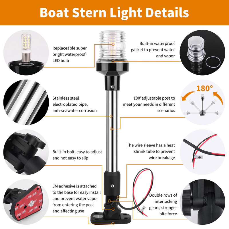 RVZONE Stern Lights for Boats, 12 inch 180° Fold Down Anchor Light IP67 Navigation Lights 360° White LED Boat Lights for Pontoon, Bimini Top, Yacht (Black) Black