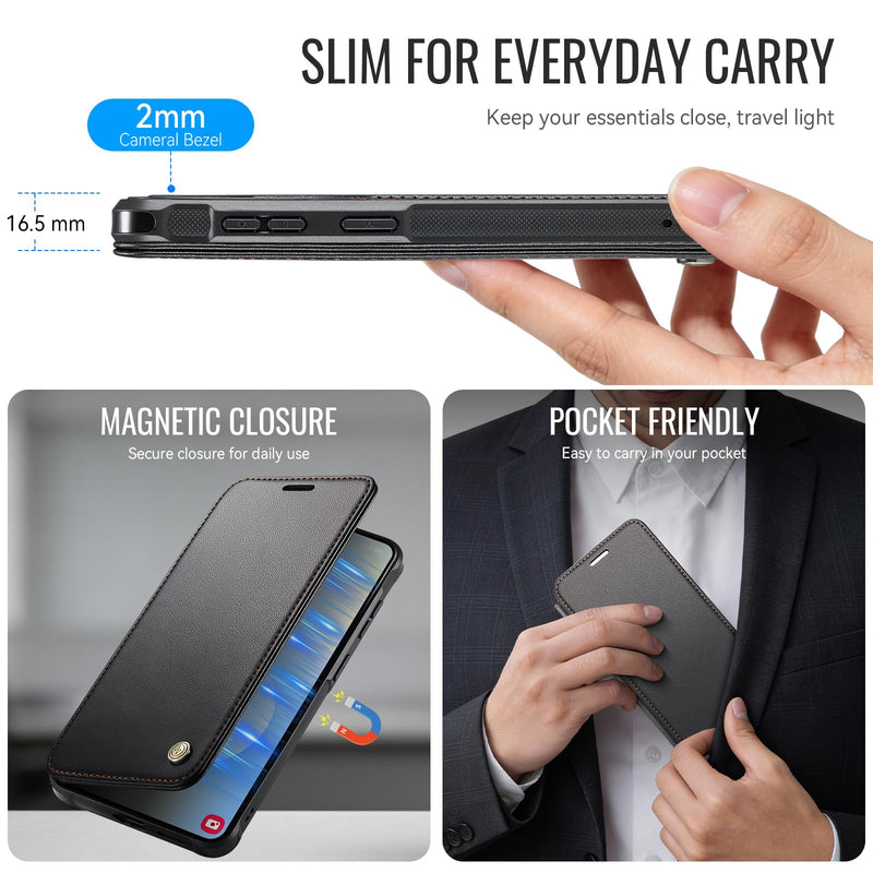 for Galaxy S24 Slim Wallet Case Compatible with Magsafe, Black | RFID Blocking Card Holder, Wireless Charging, Magnetic Closure, Shockproof, PU Leather, Phone Cover for Samsung Galaxy S24 Samsung Galaxy S24 - 6.2"