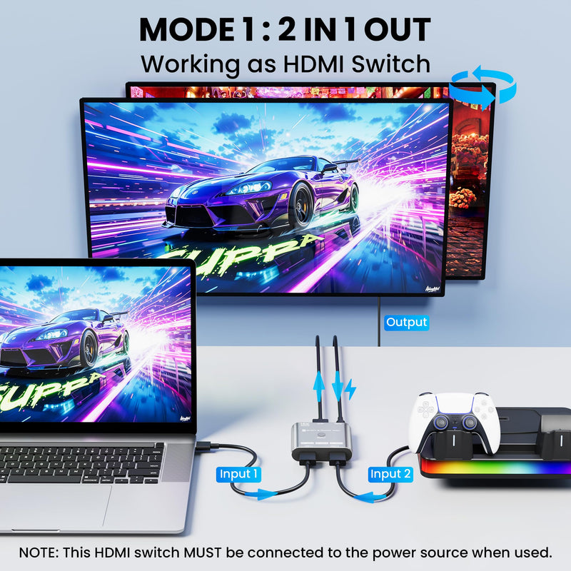 HDMI 2.1 Switch 16K/8K@120Hz/4K@240Hz - HDMI Switch 2 in 1 Out/HDMI Switch 1 in 2 Out, HDMI Splitter with VRR HDR10+ Dolby Atmos, 48Gbps HDMI Switcher for PS5/4 Xbox Switch 2 Roku Firestick Apple TV