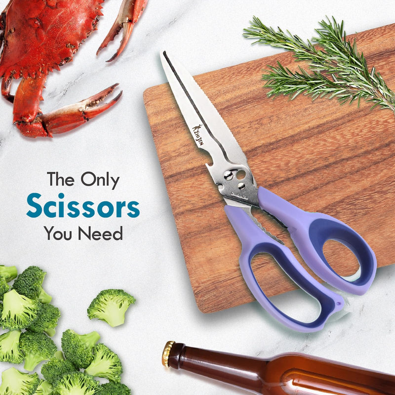 All Purpose Kitchen Scissors for Food and Heavy-Duty, Stainless Steel Cooking Shears for Chicken, Poultry, Meat, Herbs, Fish, Bones, Multi-Purpose Cooking Accessories with Cap and Sharpener Blue-purple