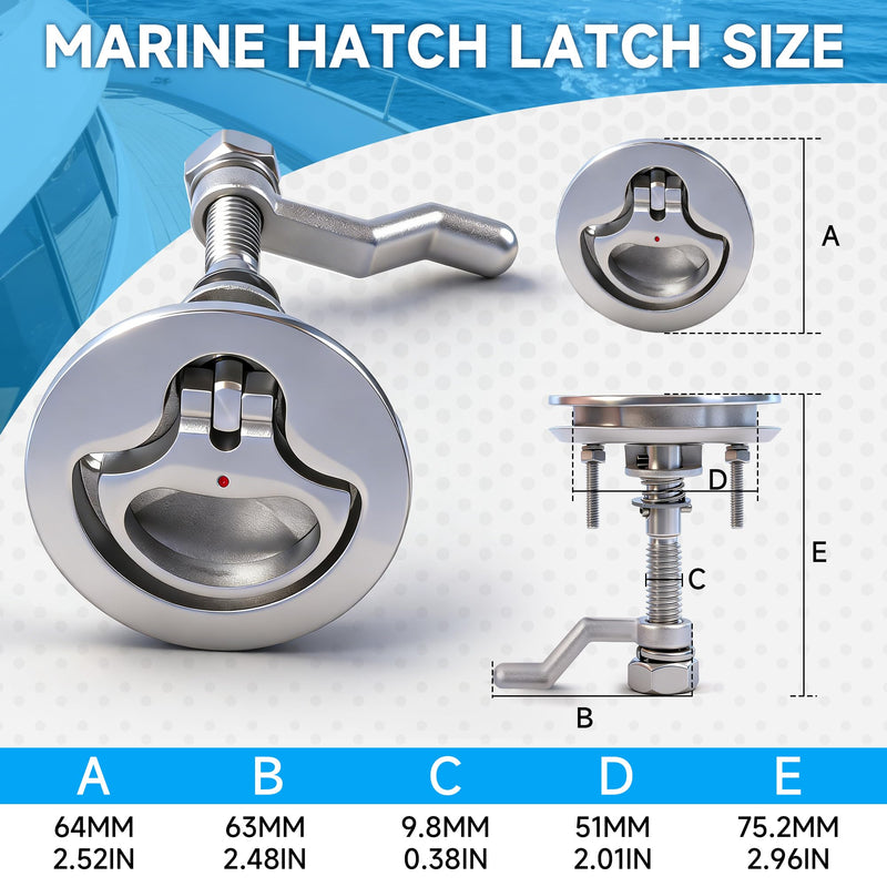 Boat Cam Latch, 316 Marine Stainless Steel Boat Hatch Latch with Back Plate, Flush Pull Handle Includes Installation Screws Marine Hatch Deck Hardware for Ships, Yachts, RVs Silver-2Pcs