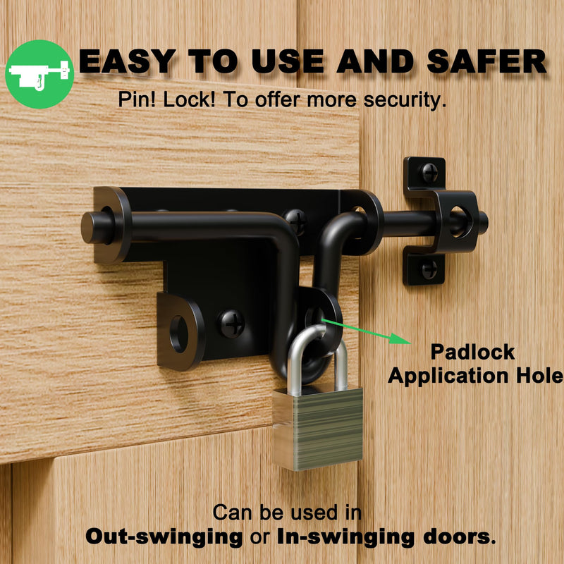 Heavy Duty Slide Bolt Gate Latch for Wooden Fence, 2 Way Barn Door Latch with Padlock Hole, Offset and Flush Mounted Gate Latch for Outdoor Gates/Yard Fence/Shed Door, Black, 3 Pack
