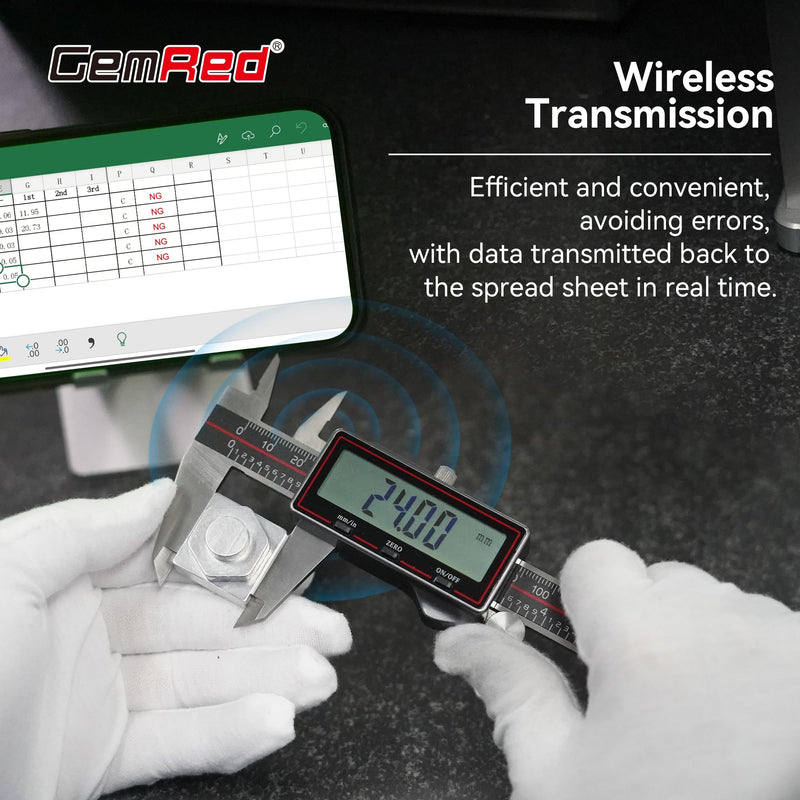 GemRed Wireless Digital Caliper 0-6 Inch/150mm with Data Transfer to Excel/Phone/PC, Stainless Steel Caliper Measuring Tool with Auto-Off, Large LCD Inch/MM for DIY/Household/3D-printing 6 Inch