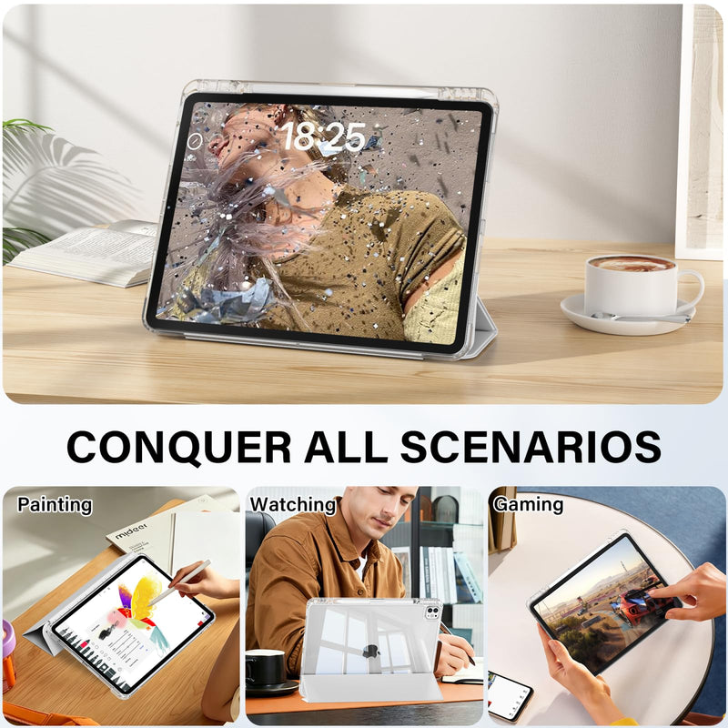 Clear Case for iPad Pro 12.9 inch 6th/5th/4th/3rd Gen & iPad Air 13 inch (M4/M3/M2) with Pencil Holder, Smart Slim TPU Case with Transparent Hard PC Back Cover, Auto Wake/Sleep (Gray) iPad Pro 12.9 & Air 13 inch Case Gray