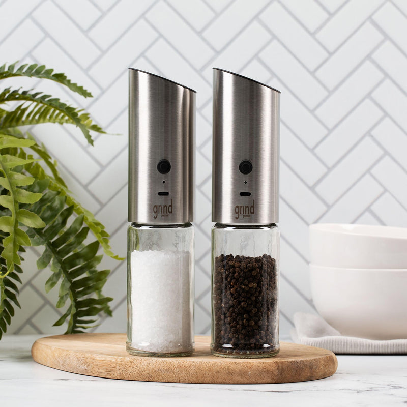 Grind Gourmet Automatic Electric Salt or Pepper Grinder Mill, USB Rechargeable, Adjustable Coarseness, One-Handed Operation, Stainless Steel