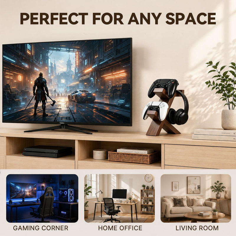 ASFSKY Wood Controller Holder and Headphone Stand, 3-in-1 Gaming Equipment | Dual Controller Stand with Non-Slip Base; Universal Headset Stand for PS5, Xbox Series X|S, Switch and Gaming Accessories