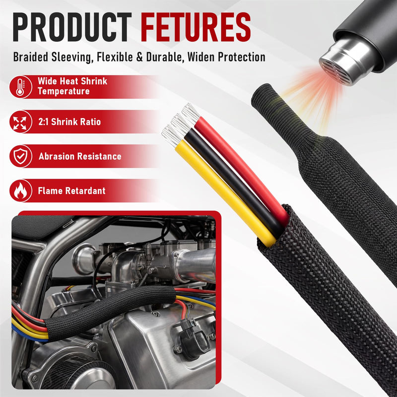 20ft 3/8 Inch 2:1 Heat Shrink Braided Sleeving Wire Loom | Heat Shrink Wire Cover Abrasion Braided Cable Sleeve for Automotive Wiring Harness Sheath Tubing Protection 3/8inch-20ft
