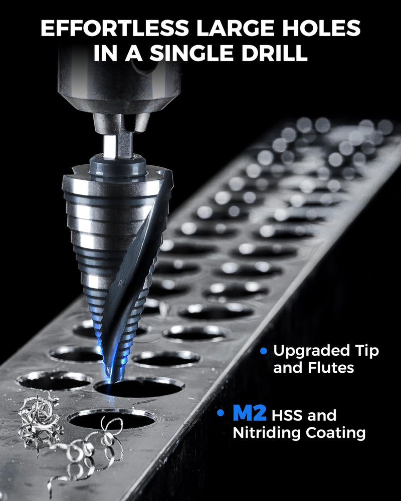 toolant 1/4" to 1-3/8" Step Drill Bit with Upgraded Dual-Angle Flutes & Multi-Function Cutting Edges, M2 HSS & Nitriding Coating for Stainless Steel, Copper, Aluminum, Wood, Plastic