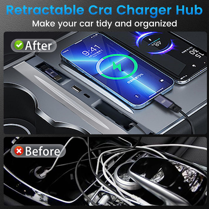 65W USB Hub Charger for Tesla Model Y Juniper & Model 3 Highland 2024-2026 | 4-in-1 Fast Hub with 2 Retractable USB-C Cables, Total 154W Phone Charger Center Console for Model Y Highland 2025-2026 for Model 3(2024-2026) and Model Y