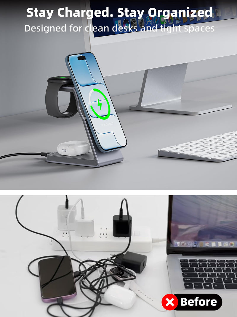 TRIBONE 3 in 1 MagSafe Wireless Charging Station for iPhone Watch AirPods | Qi2 certified 15W fast magnetic charging. For iPhone 17/16/15/14/13/12, AirPods Pro, Apple Watch Ultra.