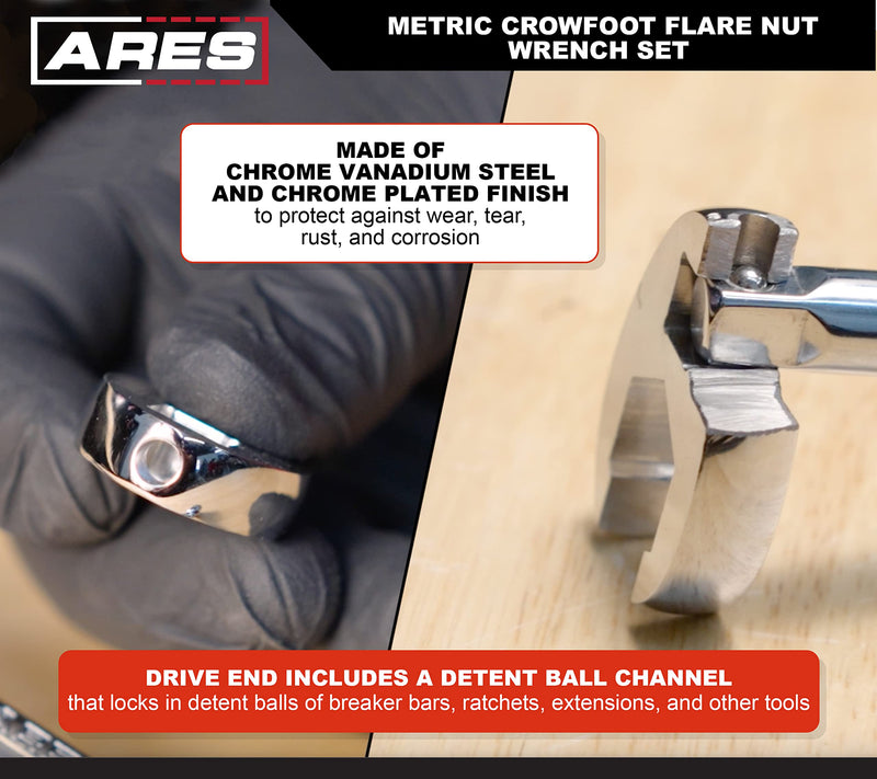ARES 33010 - 10-Piece Metric Flare Nut Crowfoot Wrench Set