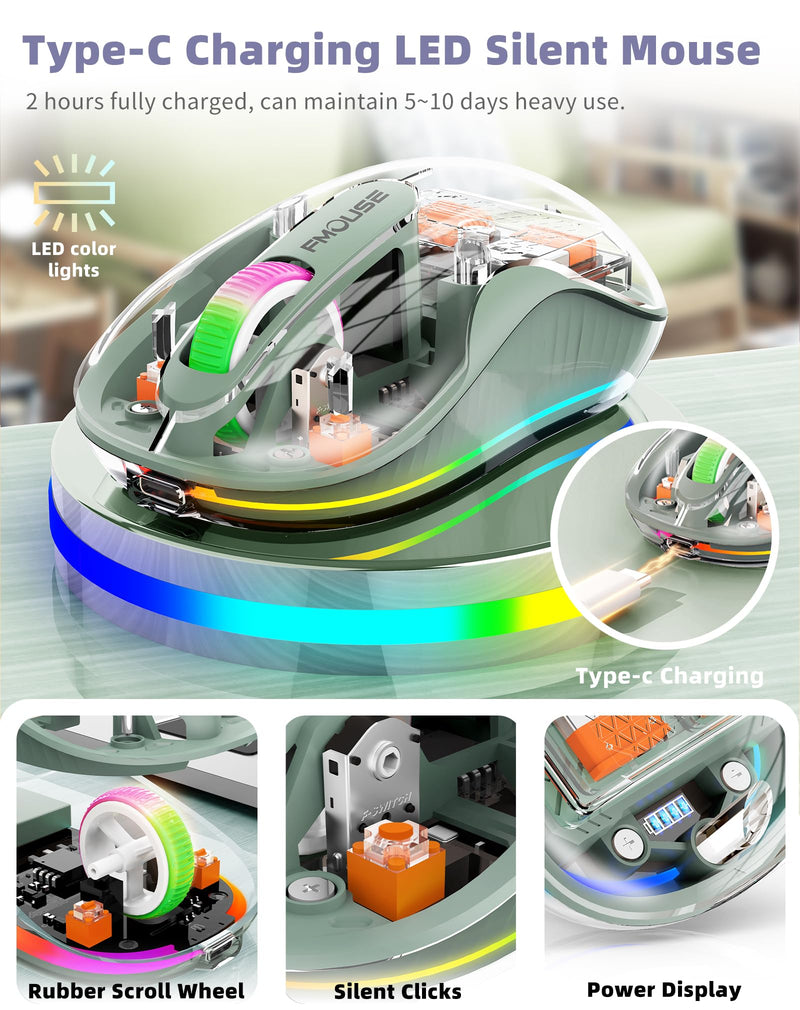 Interesting Transparent Bluetooth Mouse with USB & Type-C Two Receiver, Small Portable Silent Wireless Mice with RGB Lights for MacBook/pc/iPad/Laptop and Office Trip Green