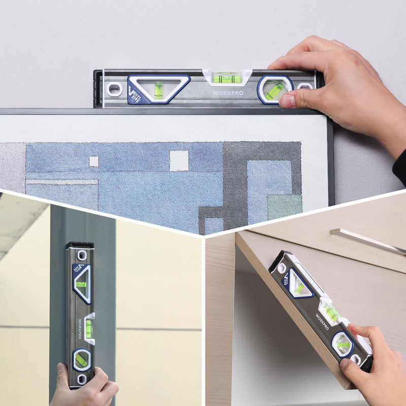 WORKPRO 10 Inch Torpedo Level, Small leveler tool with 3 Different Bubbles 45°/90°/180°, bubble level With Shock Absorbing End Caps, V-Groove for Conduit Bending, Silver/White/Blue 45°+90°+180°