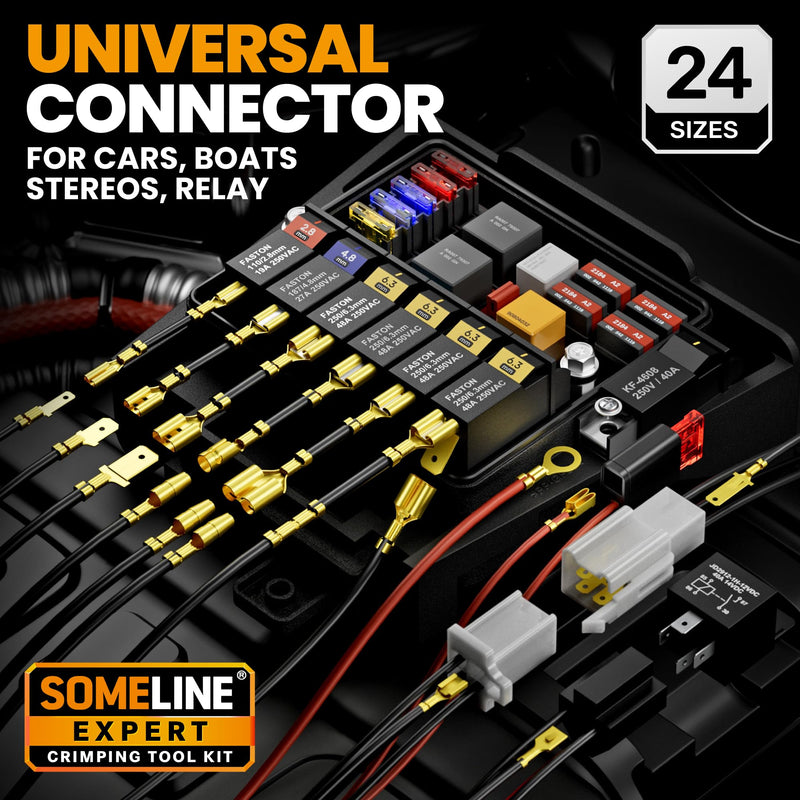 SOMELINE Spade Terminal Crimping Tool Kit AWG 24-14, 24 Types 2.8/3.9/4.8/6.3 mm Male & Female Quick Disconnect Non-Insulated Connectors - Open Barrel Crimping Tool 24 Types - A